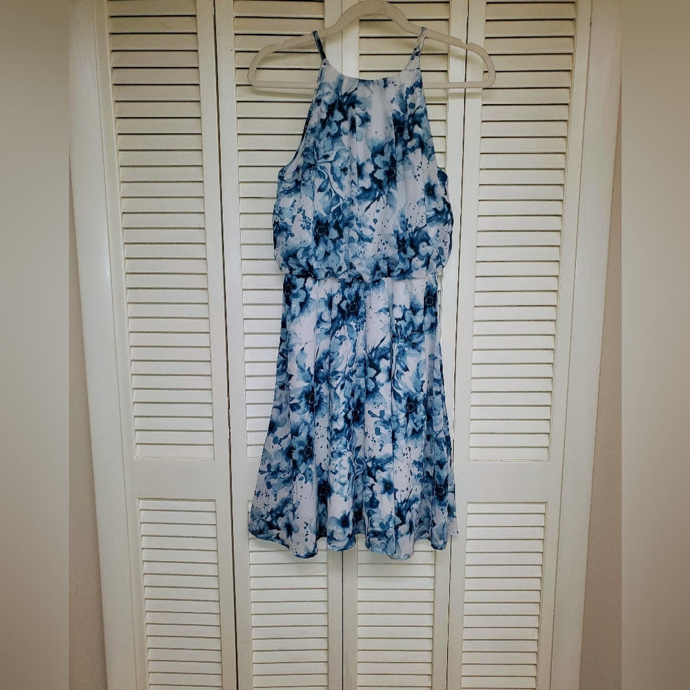 Japna Blue and White Floral Halter Dress Size S